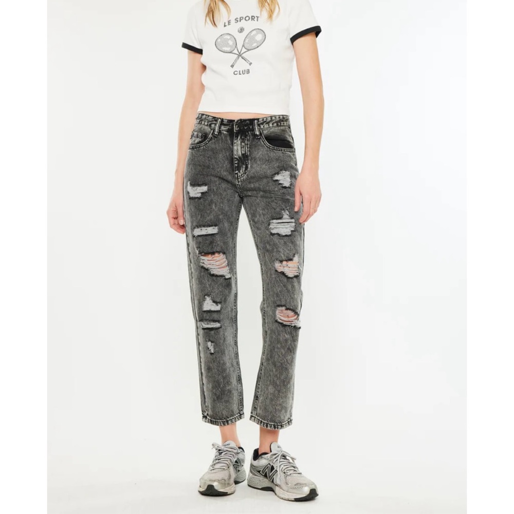 KanCan Rita High Rise Slim Straight Fit Leg Black Acid Wash Distressed Jeans